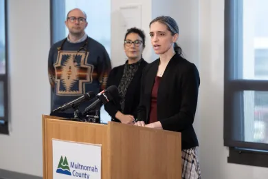 Dr. Emily Mosites, Chair Jessica Vega Pederson, and Health Officer Dr. Richard Bruno speak at a press conference releasing the 2024 Domicile Unknown report on homeless mortality in Multnomah County