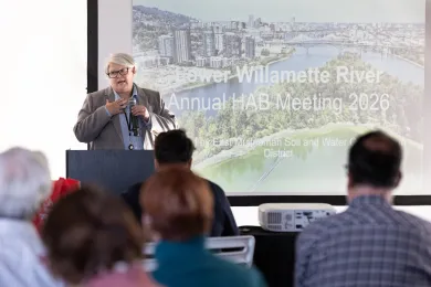 Commissioner Moyer speaking at the Lower Willamette River Annual HAB Meeting