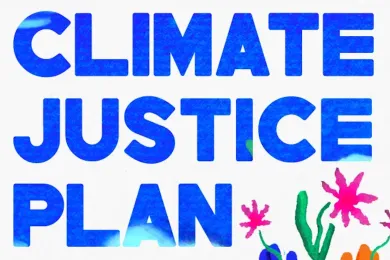 Portada del Plan de Justicia Climática en fuente azul con un gráfico de una flor.