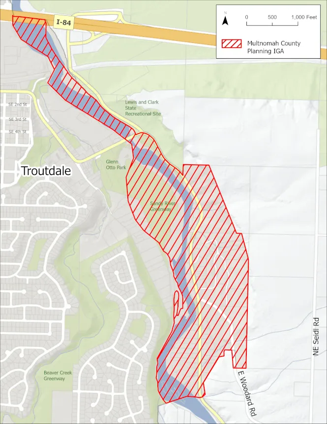 Map showing an areas subject to an Intergovernmental Agreement (IGA) between Multnomah County and City of Troutdale