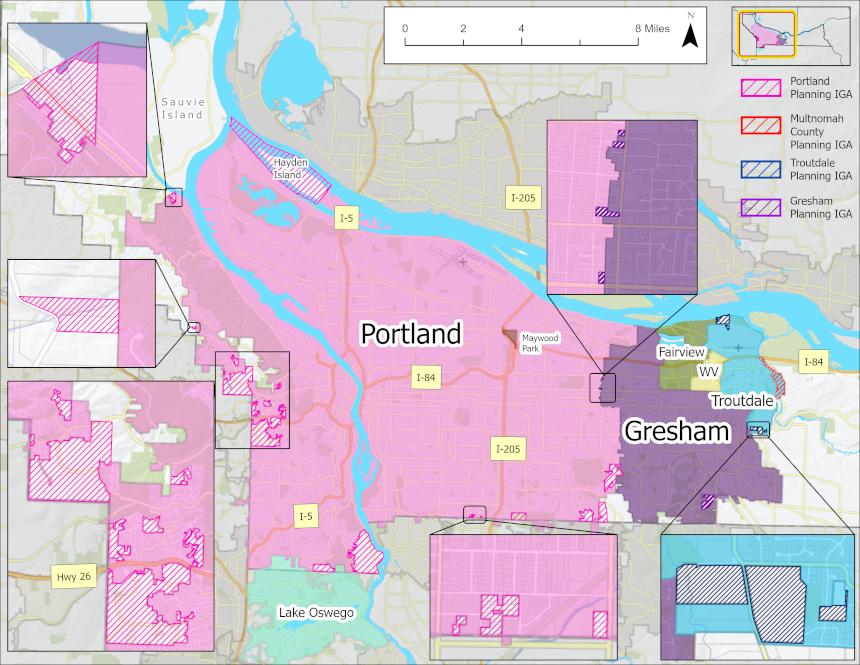Map showing an overview of all lands inside Multnomah County subject to an Intergovernmental Agreement (IGA)