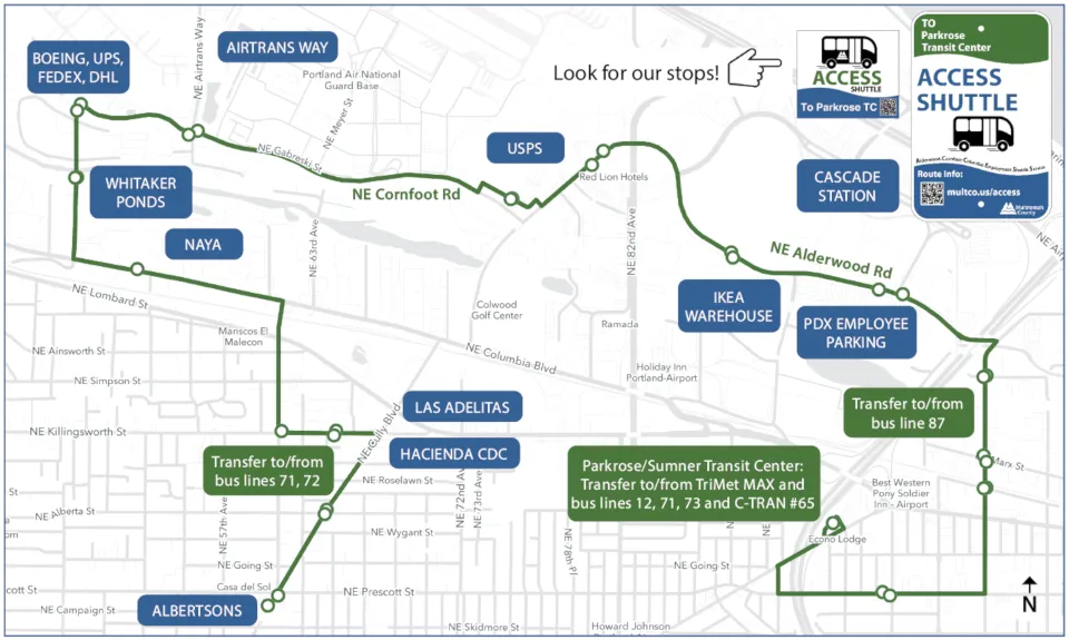 A street map showing a route following these streets: Cully Blvd, Killingsworth St, 60th Ave, Columbia Blvd, 47th Ave, Cornfoot Rd, Alderwood Rd, 92nd Dr., Parkrose/Sumner Transit Center.