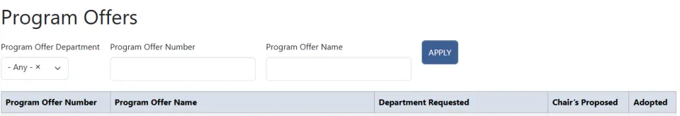 Sort by Department Program Offer, Program Offer Number, or Program Offer Name