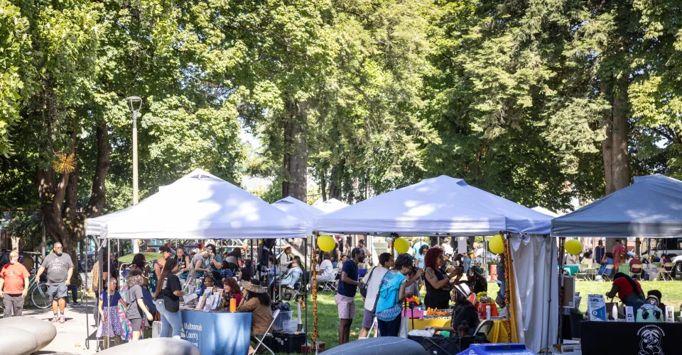 Black and African people gathered at Dawson Park on a sunny day under the shade of trees and white tents.