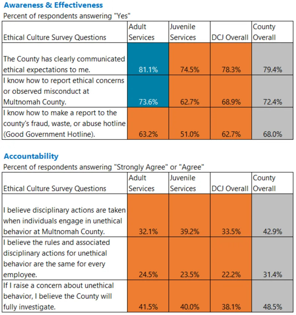 Heat map of Awareness & Accountability survey responses for DCJ divisions.