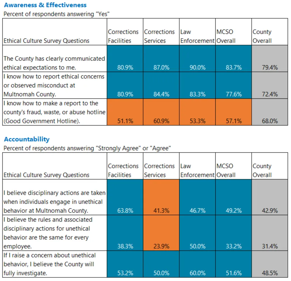Heat map of Awareness & Accountability survey responses for Sheriff's Office divisions.