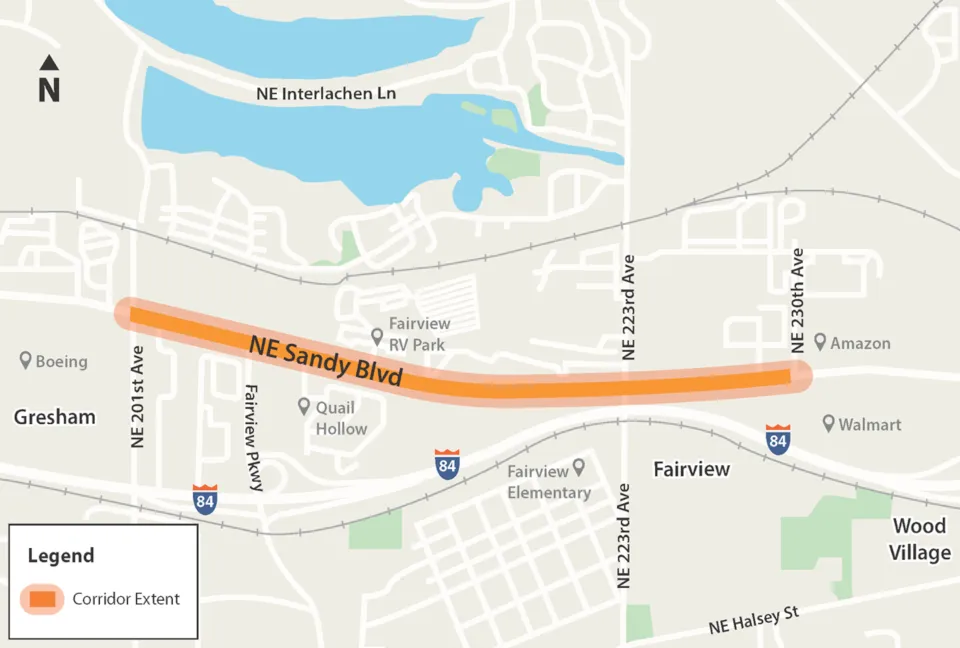 a map highlighting the stretch of NE Sandy between 201st and 230th