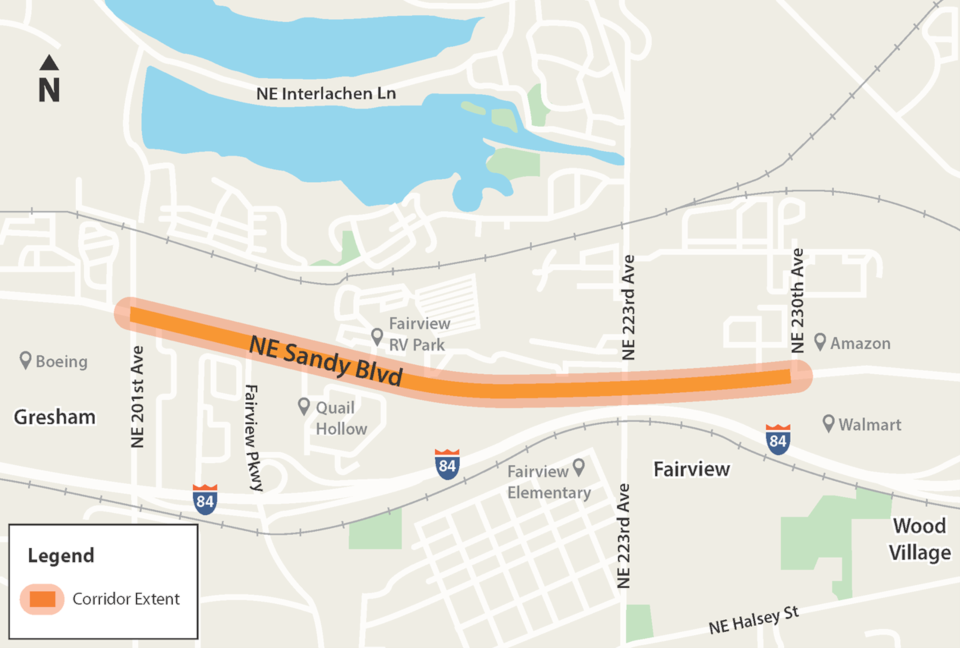 a map highlighting the stretch of NE Sandy between 201st and 230th