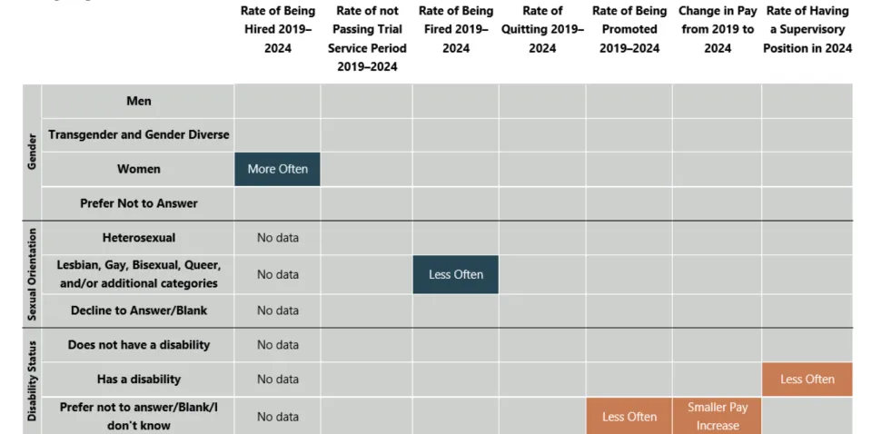 County Human Services employee outcomes by gender, sexual orientation, and disability status (2019-2024)