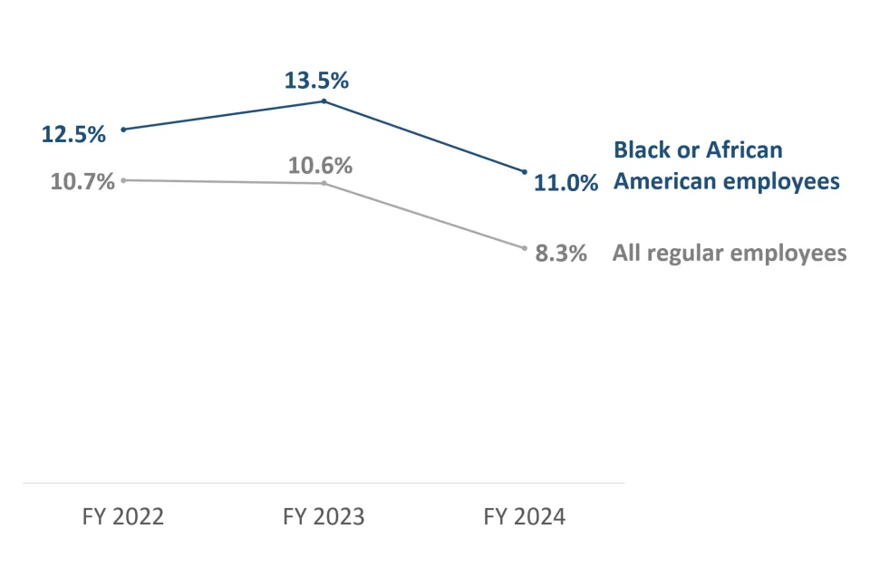 Two trendlines indicating the separation rate for Black or African American regular employees and all County regular employees for FY 2022 - FY 2024, with the rate for Black or African American Employees higher for all years.