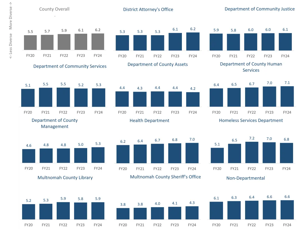 Diversity index countywide and for each department, FY 2020 - FY 2025.