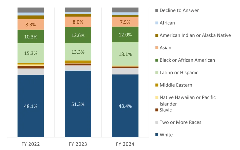 Bar graph with each bar showing proportion of hires by race and ethnicity for the given fiscal year.