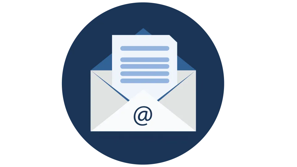 Envelope with newsletter inside against dark blue background.