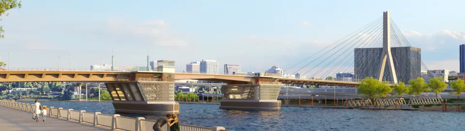 Rendering of the bridge design showing inverted Y with cable stays and louvered piers.