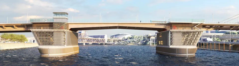 Rendering of the center of the bridge design, showing the movable span in more detail.