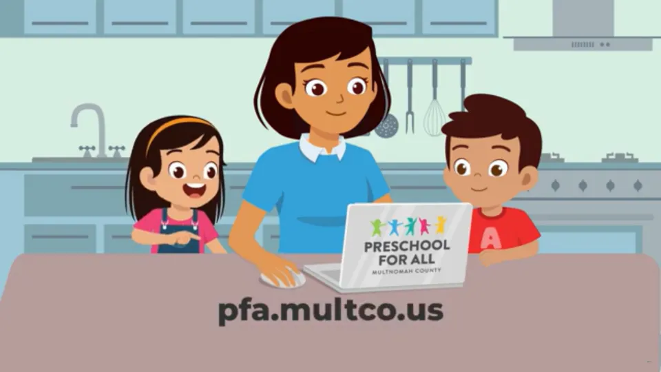 animated parent and children at a computer looking at preschool for all website