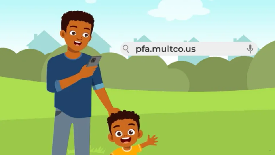 animated parent with child looking at preschool for all website on a cell phone