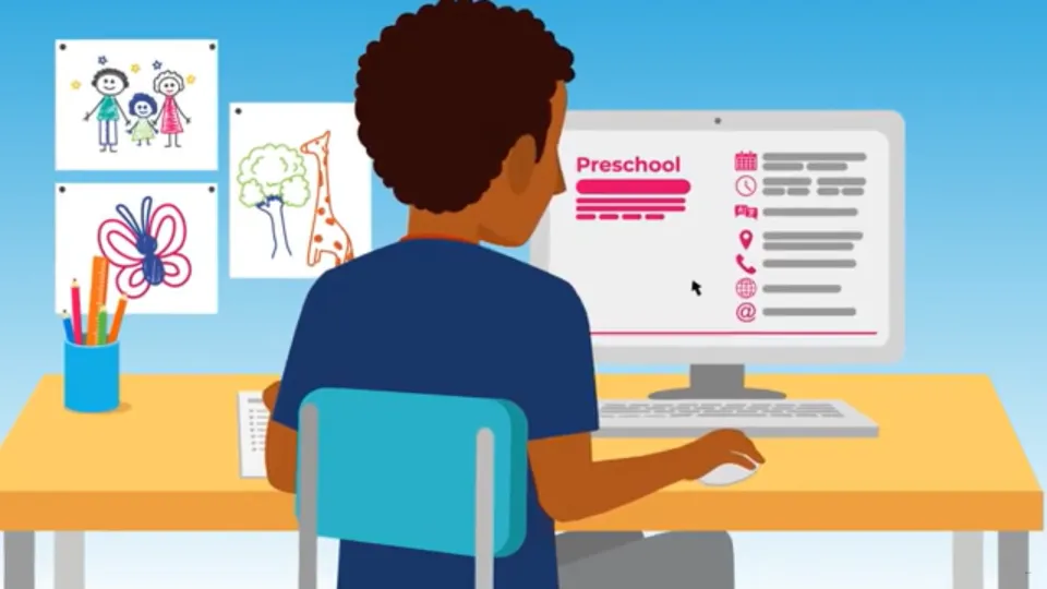 animated parent on a computer looking at preschool choices 