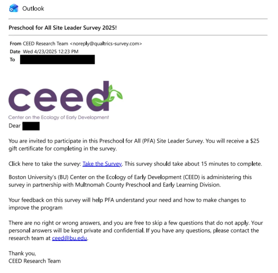 An example of a survey email from CEED