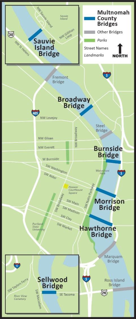 Map showing location of the county's six Willamette River Bridges