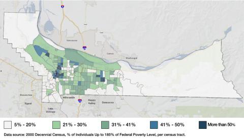 2000 Census Map of Multnomah County showing concentration of poverty primarily in North/Northeast Portland