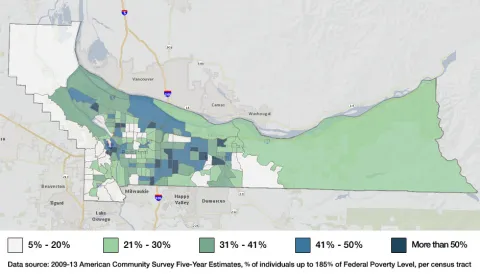 2009-13 American Community Survey Map of Multnomah County showing concentration of poverty primarily in North/Northeast Portland