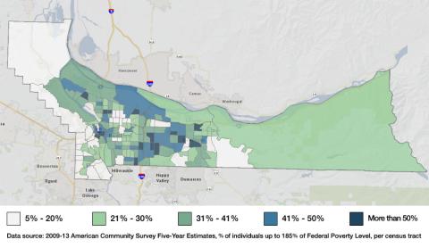 2009-13 American Community Survey Map of Multnomah County showing concentration of poverty primarily in North/Northeast Portland