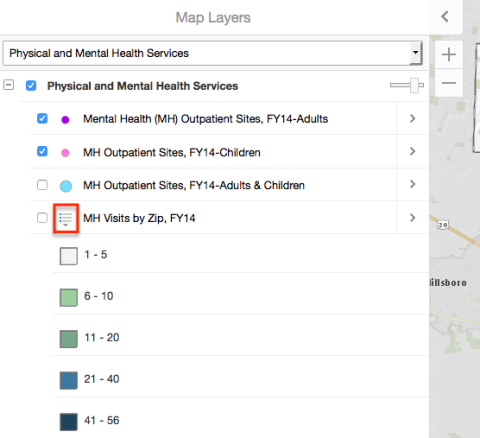 To view a legend for a layer, click on the menu icon next to the name of the layer