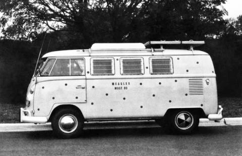 Spotted VW van with message Measles Must Go
