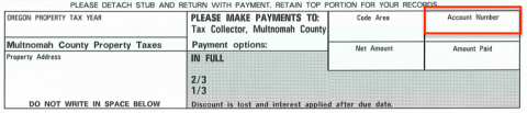 On the bottom right side of your property tax bill there is a box labeled Account Number