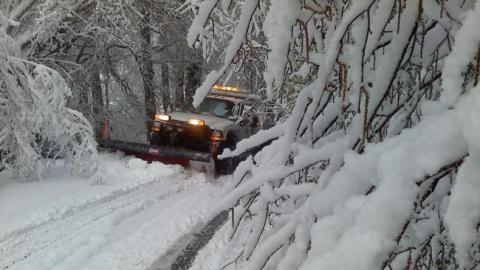 Snowplow clearing a road of foot-deep snow, surrounded by bare tree branches weighed down with snow.