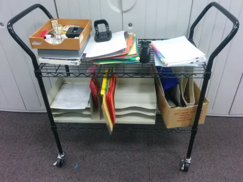 Office Supplies Frequently Surplused: File Folder, post it note caddy, desk organizer, paper, hole punch.