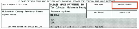 You can find your account number or property ID at the bottom of your tax bill