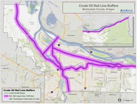 Map of areas in Multnomah County potentially impacted oil-by-rail incident.