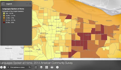Arc interactive application showing concentrations of people who speak a language other than English at home credit: Ryan Johnson, GIS analyst, Multnomah County