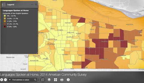 Arc interactive application showing concentrations of people who speak a language other than English at home credit: Ryan Johnson, GIS analyst, Multnomah County