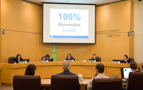 The Multnomah County Board voted unanimously on Thursday, June 1 to commit the county to reaching its goal of 100 percent renewable energy use community-wide by 2050.