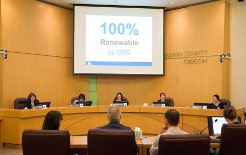 The Multnomah County Board voted unanimously on Thursday, June 1 to commit the county to reaching its goal of 100 percent renewable energy use community-wide by 2050.