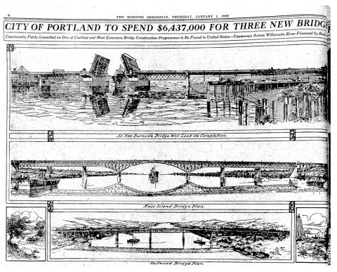 Newspaper headline reading 'City of Portland to spend $6,437,000 for three new bridges', with three sketches of bridges.