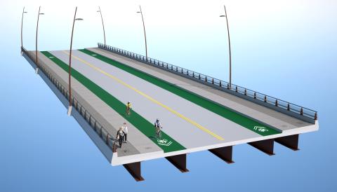 A rendering of the new bridge cross-section, including traffic lanes, bike lanes and sidewalks, street lights, two bicyclists and two pedestrians.