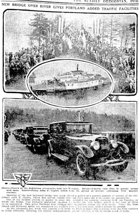 Newspaper clipping with two photos of a crowd of people and cars crossing the bridge, and an inset photo of the old ferry, under a caption reading 'New Bridge Over River Gives Portland Added Traffic Facilities'.