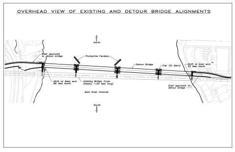 An engineering diagram showing the alignment of the old bridge and the detour bridge.