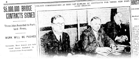 A faded, grainy newspaper photo of three men in suits below a caption reading 'County Commissioners as they let $5,000,000 of contracts for three new Portland bridges'.