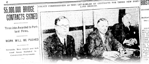 A faded, grainy newspaper photo of three men in suits below a caption reading 'County Commissioners as they let $5,000,000 of contracts for three new Portland bridges'.