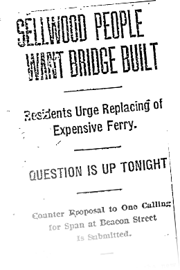 Newspaper headline reading 'Sellwood People Want Bridge Built; Residents Urge Replacing of Expensive Ferry; Question is Up Tonight'