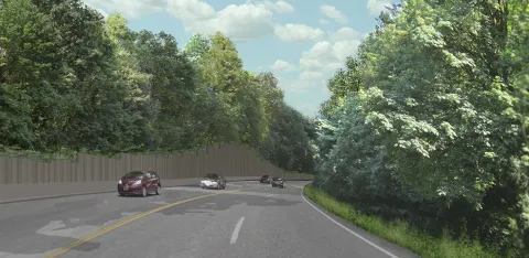 A rendering of a four-lane highway with a few cars on it, surrounded by tall, lush trees and vegetation.
