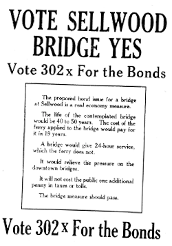 Printed placard reading 'Vote Sellwood Bridge Yes; Vote 302x For The Bonds'
