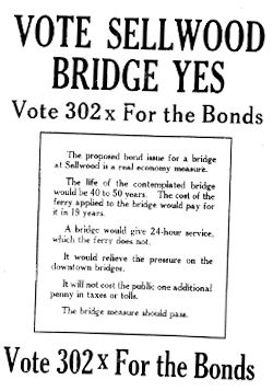 Printed placard reading 'Vote Sellwood Bridge Yes; Vote 302x For The Bonds'