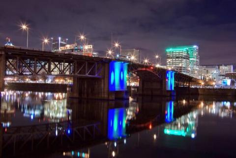 2018 Earth Month Morrison Bridge Green and Blue Lights