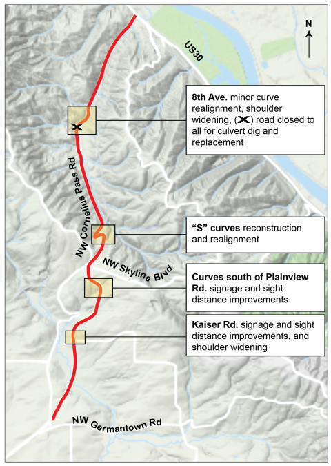 Map showing primary NW Cornelius Pass Road safety improvements
